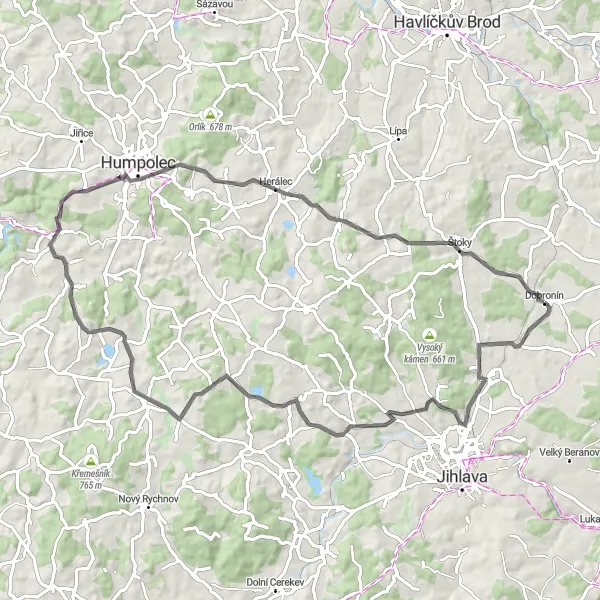 Miniaturní mapa "Kolem malebných vesnic u Dobronína" inspirace pro cyklisty v oblasti Jihovýchod, Czech Republic. Vytvořeno pomocí plánovače tras Tarmacs.app