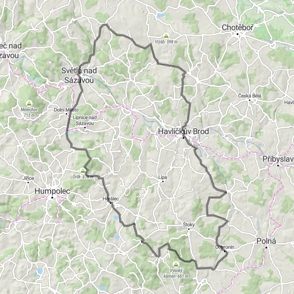 Miniatura mapy "Ekscytująca wyprawa rowerowa przez okolice Dobronína" - trasy rowerowej w Jihovýchod, Czech Republic. Wygenerowane przez planer tras rowerowych Tarmacs.app