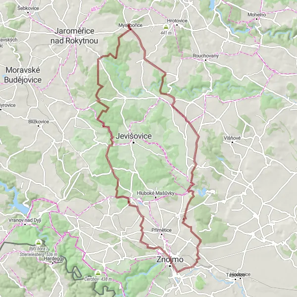 Mapa miniatúra "Gravel trasa okolo Myslibořice a Plaveče" cyklistická inšpirácia v Jihovýchod, Czech Republic. Vygenerované cyklistickým plánovačom trás Tarmacs.app
