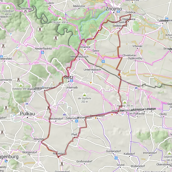 Mapa miniatúra "Gravelová trasa s výhľadmi na Roseldorf a Schrattenthal" cyklistická inšpirácia v Jihovýchod, Czech Republic. Vygenerované cyklistickým plánovačom trás Tarmacs.app