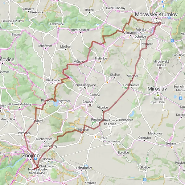 Miniaturní mapa "Gravelový okruh u Dobšice" inspirace pro cyklisty v oblasti Jihovýchod, Czech Republic. Vytvořeno pomocí plánovače tras Tarmacs.app