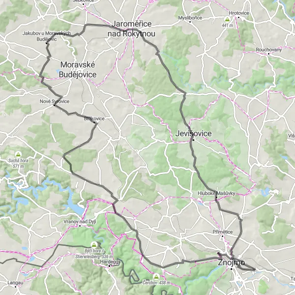 Karten-Miniaturansicht der Radinspiration "Hügeliges Straßenradfahren nach Jevišovice" in Jihovýchod, Czech Republic. Erstellt vom Tarmacs.app-Routenplaner für Radtouren