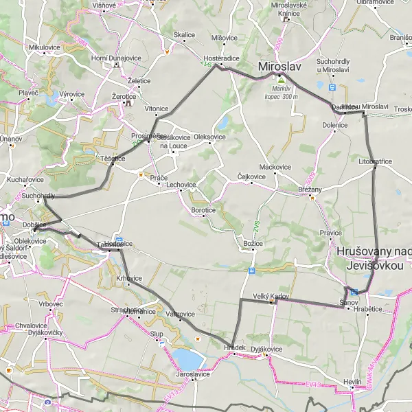 Miniaturní mapa "Okruh kolo blízko Dobšice" inspirace pro cyklisty v oblasti Jihovýchod, Czech Republic. Vytvořeno pomocí plánovače tras Tarmacs.app