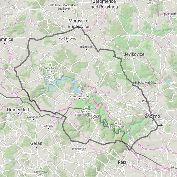Miniaturní mapa "Cyklistická trasa kolem Dobšice" inspirace pro cyklisty v oblasti Jihovýchod, Czech Republic. Vytvořeno pomocí plánovače tras Tarmacs.app