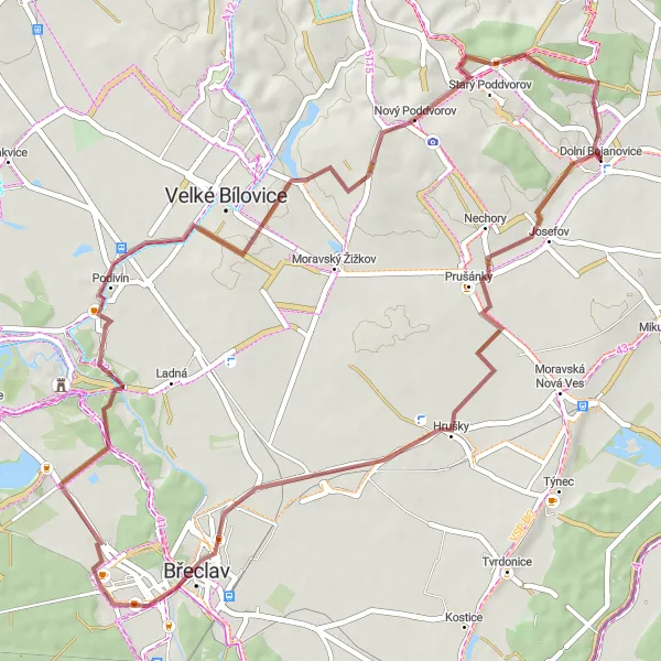 Mapa miniatúra "Gravelový okruh přes Dolní Bojanovice" cyklistická inšpirácia v Jihovýchod, Czech Republic. Vygenerované cyklistickým plánovačom trás Tarmacs.app