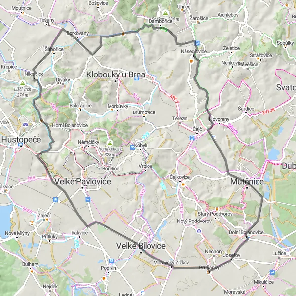 Karten-Miniaturansicht der Radinspiration "Weinberge und Hügel um Dolní Bojanovice" in Jihovýchod, Czech Republic. Erstellt vom Tarmacs.app-Routenplaner für Radtouren
