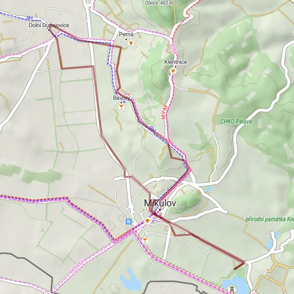 Miniaturní mapa "Vína Mikulovska" inspirace pro cyklisty v oblasti Jihovýchod, Czech Republic. Vytvořeno pomocí plánovače tras Tarmacs.app