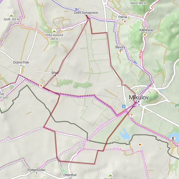 Miniaturní mapa "Okruh mezi Dolní Dunajovicemi" inspirace pro cyklisty v oblasti Jihovýchod, Czech Republic. Vytvořeno pomocí plánovače tras Tarmacs.app