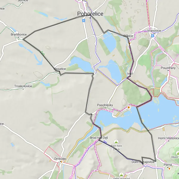 Miniaturní mapa "Cyklotrasa kolem Dolní Dunajovice" inspirace pro cyklisty v oblasti Jihovýchod, Czech Republic. Vytvořeno pomocí plánovače tras Tarmacs.app