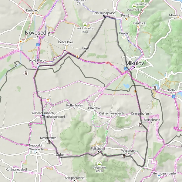 Map miniature of "Road Cycling Route: Drasenhofen to Přerovský vrch" cycling inspiration in Jihovýchod, Czech Republic. Generated by Tarmacs.app cycling route planner