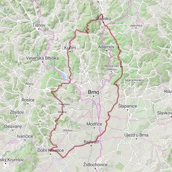 Mapa miniatúra "Gravel dobrodružství kolem Dolních Kounic" cyklistická inšpirácia v Jihovýchod, Czech Republic. Vygenerované cyklistickým plánovačom trás Tarmacs.app