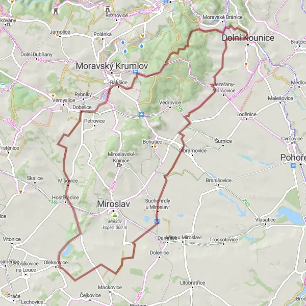 Miniaturní mapa "Gravelový okruh kolem Dolních Kounic" inspirace pro cyklisty v oblasti Jihovýchod, Czech Republic. Vytvořeno pomocí plánovače tras Tarmacs.app