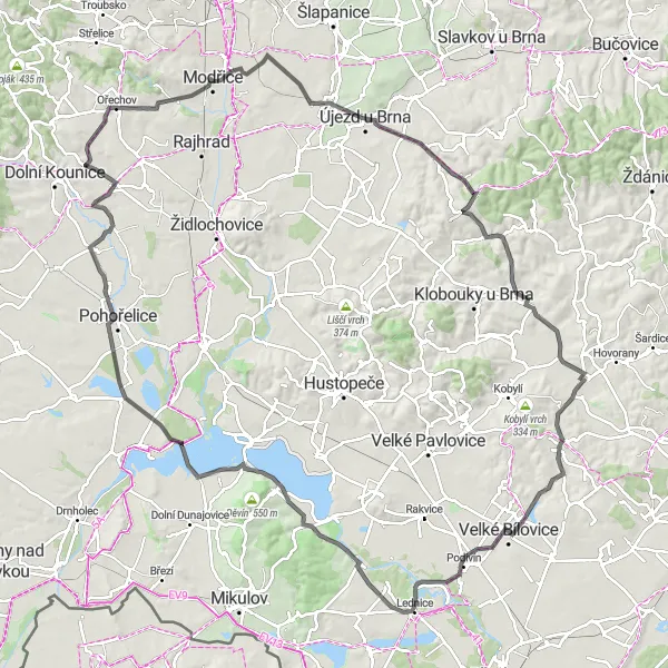Miniatura mapy "Road Trip przez Ořechov i Velké Bílovice" - trasy rowerowej w Jihovýchod, Czech Republic. Wygenerowane przez planer tras rowerowych Tarmacs.app