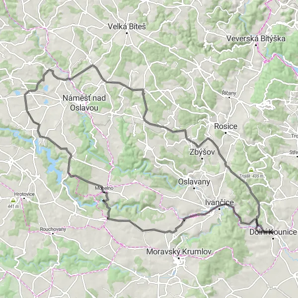 Mapa miniatúra "Kulturní road okruh v okolí Dolních Kounic" cyklistická inšpirácia v Jihovýchod, Czech Republic. Vygenerované cyklistickým plánovačom trás Tarmacs.app