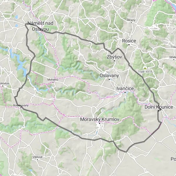 Miniaturní mapa "Kulturní okruh kolem Dolních Kounic" inspirace pro cyklisty v oblasti Jihovýchod, Czech Republic. Vytvořeno pomocí plánovače tras Tarmacs.app