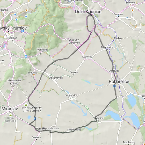 Miniatura mapy "Przejażdżka przez Suchohrdly u Miroslavi" - trasy rowerowej w Jihovýchod, Czech Republic. Wygenerowane przez planer tras rowerowych Tarmacs.app