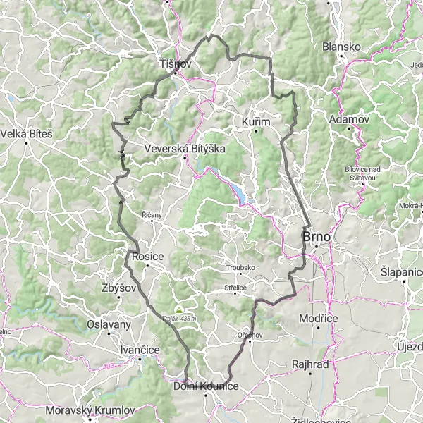 Miniaturní mapa "Okruh kolem Dolních Kounic" inspirace pro cyklisty v oblasti Jihovýchod, Czech Republic. Vytvořeno pomocí plánovače tras Tarmacs.app