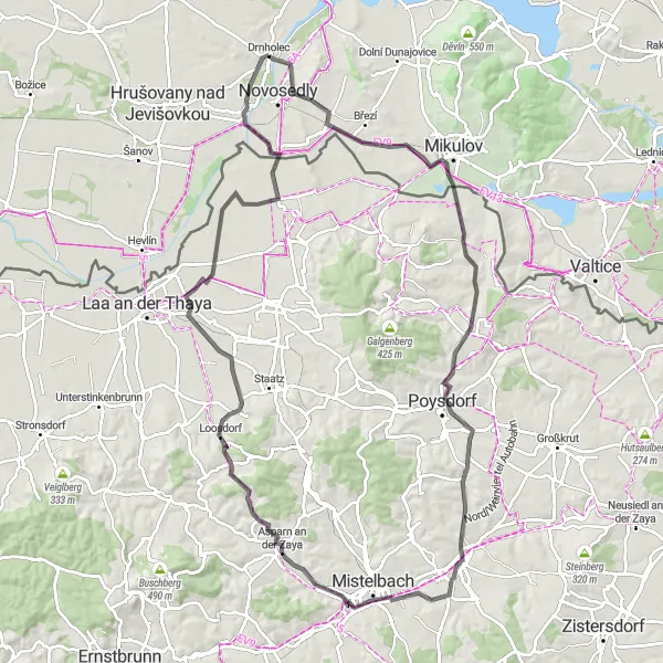 Mapa miniatúra "Okružná cyklistická trasa cez Dobré Pole a Asparn an der Zaya" cyklistická inšpirácia v Jihovýchod, Czech Republic. Vygenerované cyklistickým plánovačom trás Tarmacs.app