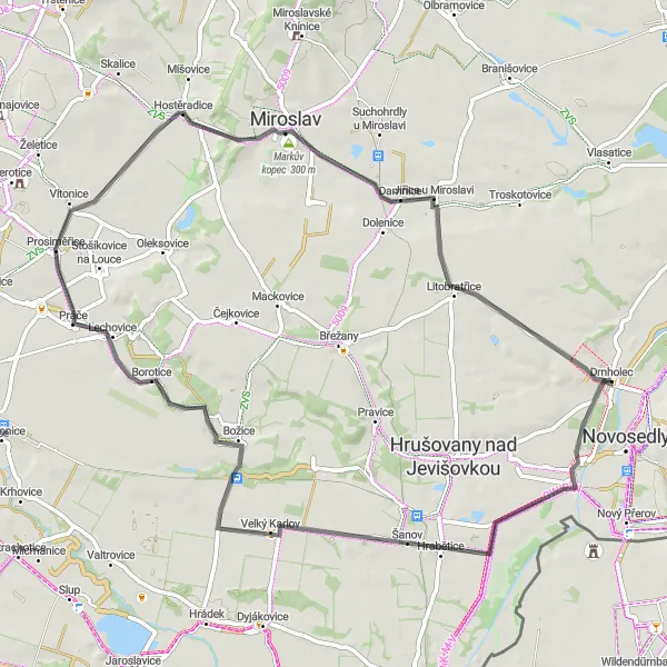 Mapa miniatúra "Okruh kolem Drnholce přes Jevišovku a Jiřice u Miroslavi" cyklistická inšpirácia v Jihovýchod, Czech Republic. Vygenerované cyklistickým plánovačom trás Tarmacs.app