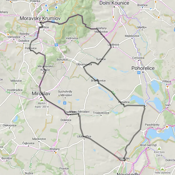 Karten-Miniaturansicht der Radinspiration "Rundfahrt um Drnholec - Straße" in Jihovýchod, Czech Republic. Erstellt vom Tarmacs.app-Routenplaner für Radtouren