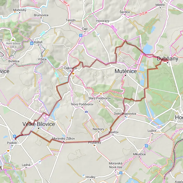 Map miniature of "Gravel Tour through Dolní Bojanovice and Velké Bílovice" cycling inspiration in Jihovýchod, Czech Republic. Generated by Tarmacs.app cycling route planner