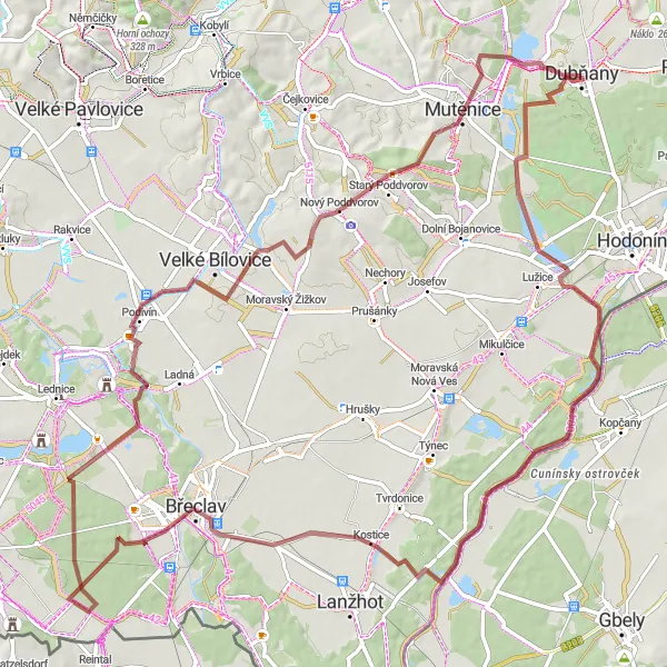 Miniaturní mapa "Dubňany - Národní památník Mikulčice - Břeclav - Podivín - Na Podluží - Nový Poddvorov" inspirace pro cyklisty v oblasti Jihovýchod, Czech Republic. Vytvořeno pomocí plánovače tras Tarmacs.app