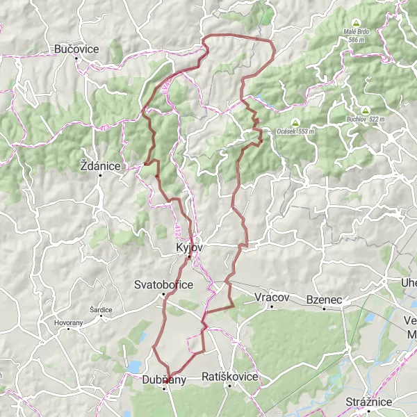 Mapa miniatúra "Gravel Tour through Moravian Countryside" cyklistická inšpirácia v Jihovýchod, Czech Republic. Vygenerované cyklistickým plánovačom trás Tarmacs.app