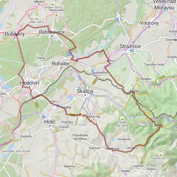 Map miniature of "Gravel Expedition through Ratíškovice and Veterník" cycling inspiration in Jihovýchod, Czech Republic. Generated by Tarmacs.app cycling route planner