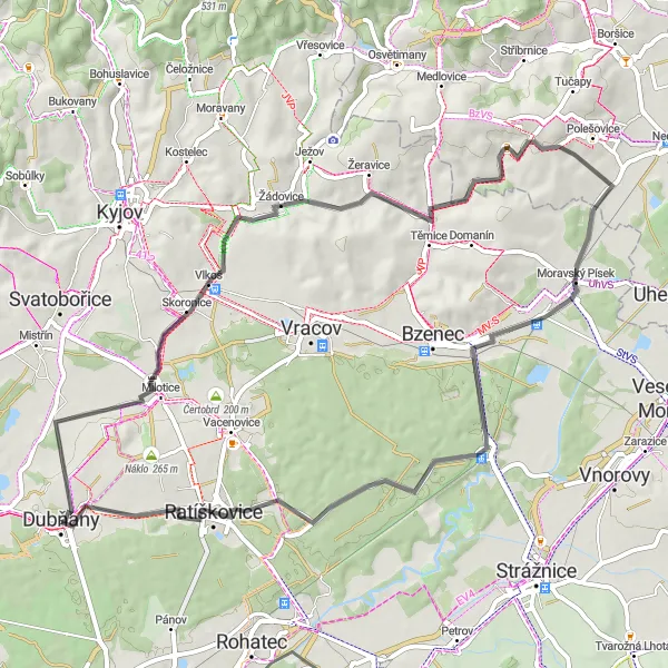 Map miniature of "Kelčany and Moravský Písek Cycling Loop" cycling inspiration in Jihovýchod, Czech Republic. Generated by Tarmacs.app cycling route planner