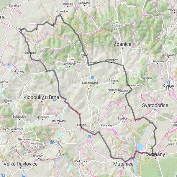 Miniaturní mapa "Vyšicko - Čejč - Velké Hostěrádky - Kobeřice u Brna - Žarošice - Strážovice - Mistřín" inspirace pro cyklisty v oblasti Jihovýchod, Czech Republic. Vytvořeno pomocí plánovače tras Tarmacs.app