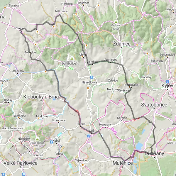 Map miniature of "Vyšicko and Mistřín Loop" cycling inspiration in Jihovýchod, Czech Republic. Generated by Tarmacs.app cycling route planner