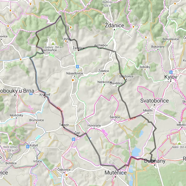 Map miniature of "Road Journey through Krumvíř and Žarošice" cycling inspiration in Jihovýchod, Czech Republic. Generated by Tarmacs.app cycling route planner