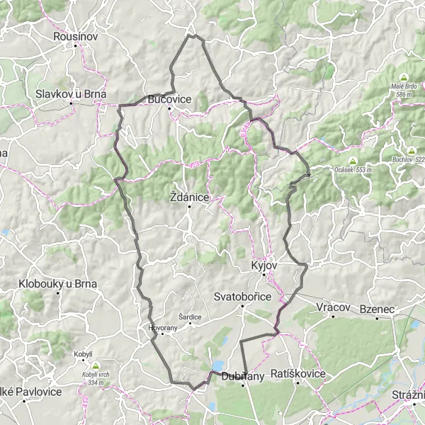 Map miniature of "Road Adventure via Násedlovice and Velká Ostrá" cycling inspiration in Jihovýchod, Czech Republic. Generated by Tarmacs.app cycling route planner