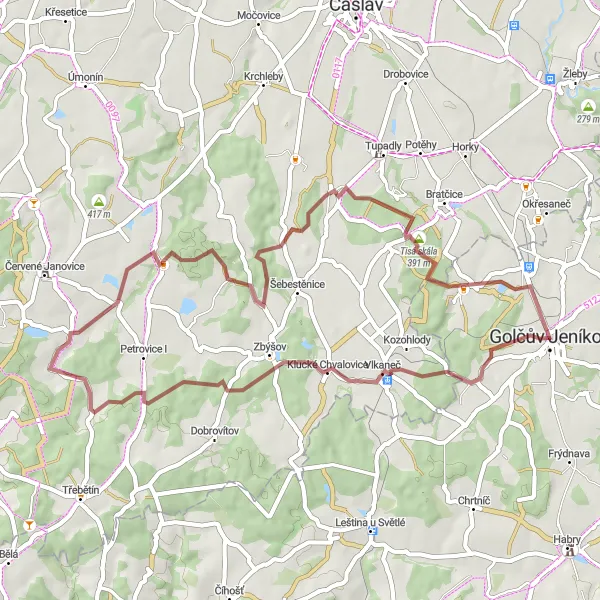 Map miniature of "Golčův Jeníkov to Tisá skála Gravel Loop" cycling inspiration in Jihovýchod, Czech Republic. Generated by Tarmacs.app cycling route planner