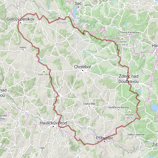 Karten-Miniaturansicht der Radinspiration "Abenteuerliche Tour durch die Natur rund um Golčův Jeníkov" in Jihovýchod, Czech Republic. Erstellt vom Tarmacs.app-Routenplaner für Radtouren