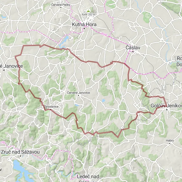 Map miniature of "Golčův Jeníkov to Tisá skála Gravel Loop" cycling inspiration in Jihovýchod, Czech Republic. Generated by Tarmacs.app cycling route planner