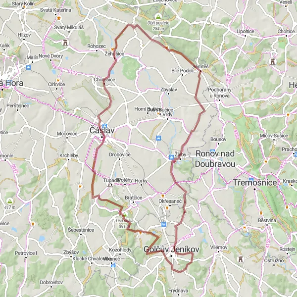 Map miniature of "Gravel Loop from Golčův Jeníkov" cycling inspiration in Jihovýchod, Czech Republic. Generated by Tarmacs.app cycling route planner