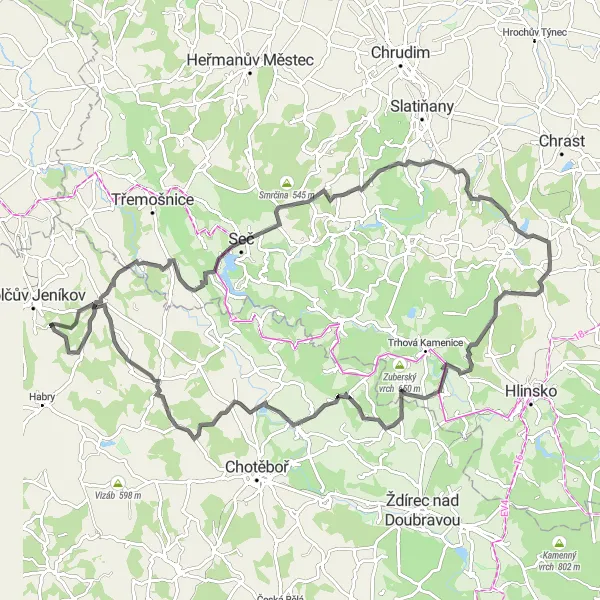 Mapa miniatúra "Z golčův jeníkov na dlhú trasu" cyklistická inšpirácia v Jihovýchod, Czech Republic. Vygenerované cyklistickým plánovačom trás Tarmacs.app