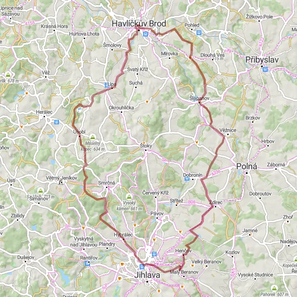 Mapa miniatúra "Gravel cyklotrasa cez kopce" cyklistická inšpirácia v Jihovýchod, Czech Republic. Vygenerované cyklistickým plánovačom trás Tarmacs.app