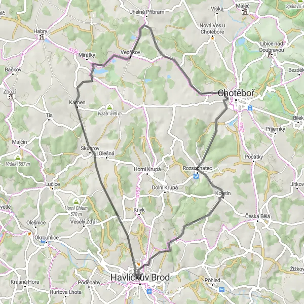 Map miniature of "The Charming Countryside" cycling inspiration in Jihovýchod, Czech Republic. Generated by Tarmacs.app cycling route planner