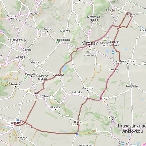 Map miniature of "Hilltops and Forests Gravel Route" cycling inspiration in Jihovýchod, Czech Republic. Generated by Tarmacs.app cycling route planner
