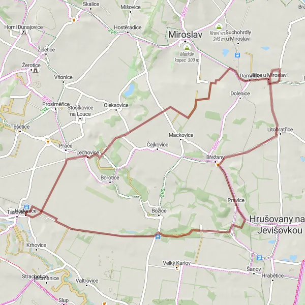 Miniatura mapy "Trasa szutrowa przez Lechovice i Jiřice u Miroslavi" - trasy rowerowej w Jihovýchod, Czech Republic. Wygenerowane przez planer tras rowerowych Tarmacs.app
