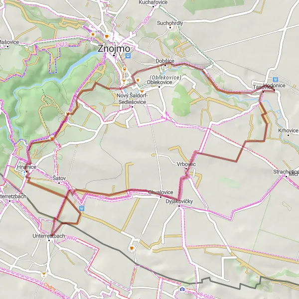 Mapa miniatúra "Gravelová cyklotrasa cez Tasovice a Hnanice" cyklistická inšpirácia v Jihovýchod, Czech Republic. Vygenerované cyklistickým plánovačom trás Tarmacs.app