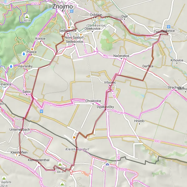 Miniaturní mapa "Okruh kolem Tasovic a Dyjákoviček" inspirace pro cyklisty v oblasti Jihovýchod, Czech Republic. Vytvořeno pomocí plánovače tras Tarmacs.app