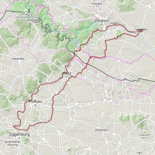 Map miniature of "Unterretzbach to Hodonice Gravel Route" cycling inspiration in Jihovýchod, Czech Republic. Generated by Tarmacs.app cycling route planner