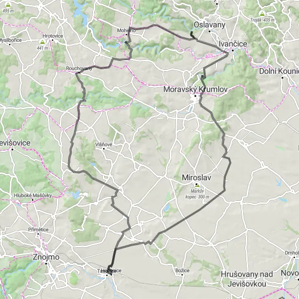Map miniature of "Prosiměřice to Hodonice Road Route" cycling inspiration in Jihovýchod, Czech Republic. Generated by Tarmacs.app cycling route planner