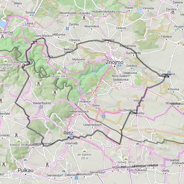 Map miniature of "The Road Cycling Challenge" cycling inspiration in Jihovýchod, Czech Republic. Generated by Tarmacs.app cycling route planner