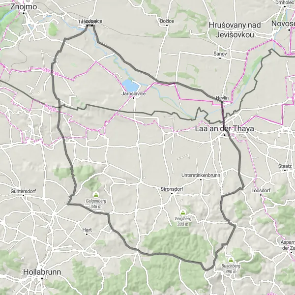 Miniaturní mapa "Cyklistická trasa k Dyjákovice" inspirace pro cyklisty v oblasti Jihovýchod, Czech Republic. Vytvořeno pomocí plánovače tras Tarmacs.app