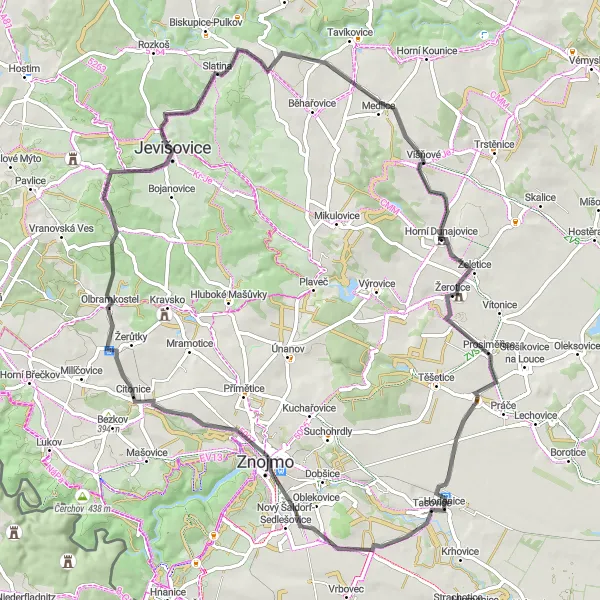 Map miniature of "Tasovice to Hodonice Road Route" cycling inspiration in Jihovýchod, Czech Republic. Generated by Tarmacs.app cycling route planner