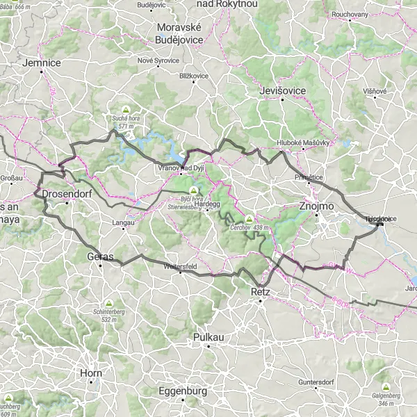 Miniaturní mapa "Kulturní cyklotrasa skrz jižní Moravu" inspirace pro cyklisty v oblasti Jihovýchod, Czech Republic. Vytvořeno pomocí plánovače tras Tarmacs.app